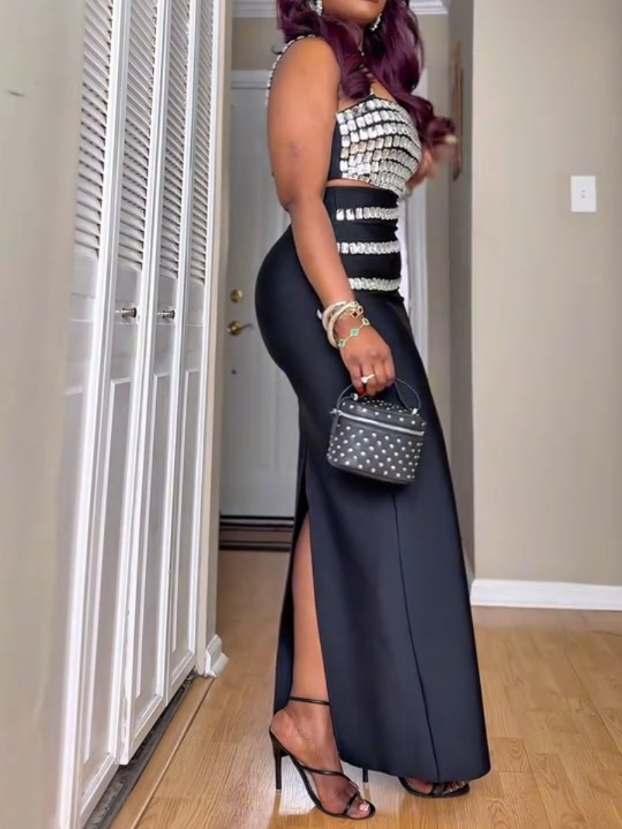 Sparkling Rhinestone Camisole and Long Skirt Sexy Two Pieces Set