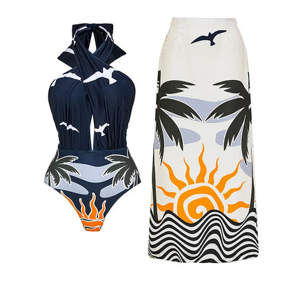 Halter Backless Tropical Print One Piece Swimsuit and Skirt