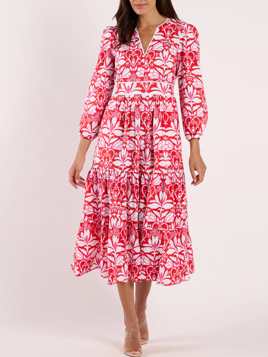 Breathable Tiered Stretch Poplin Long Sleeve Dress