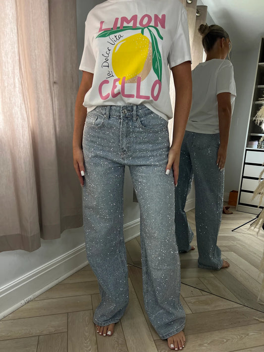 Rainbow Diamond Blue Wide Leg Sparkle Covered Jeans