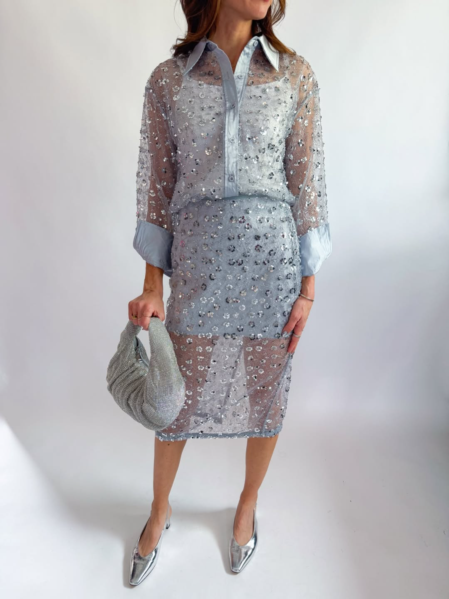 Sequin Sheer Blouse and Midi Skirt Set
