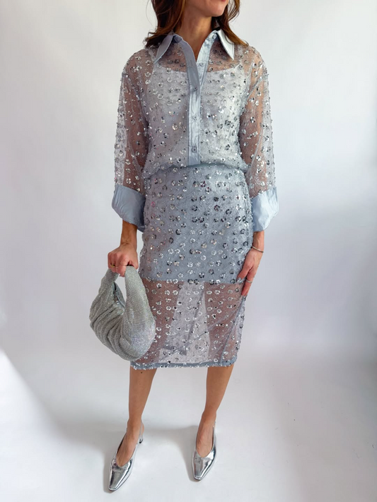 Sequin Sheer Blouse and Midi Skirt Set