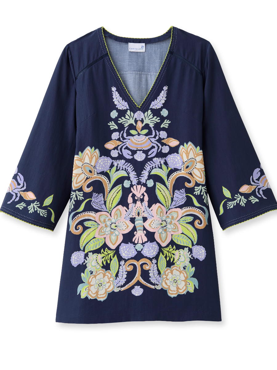 Coastal Floral Embroidered V-Neck Mini Dress with Bell Sleeves