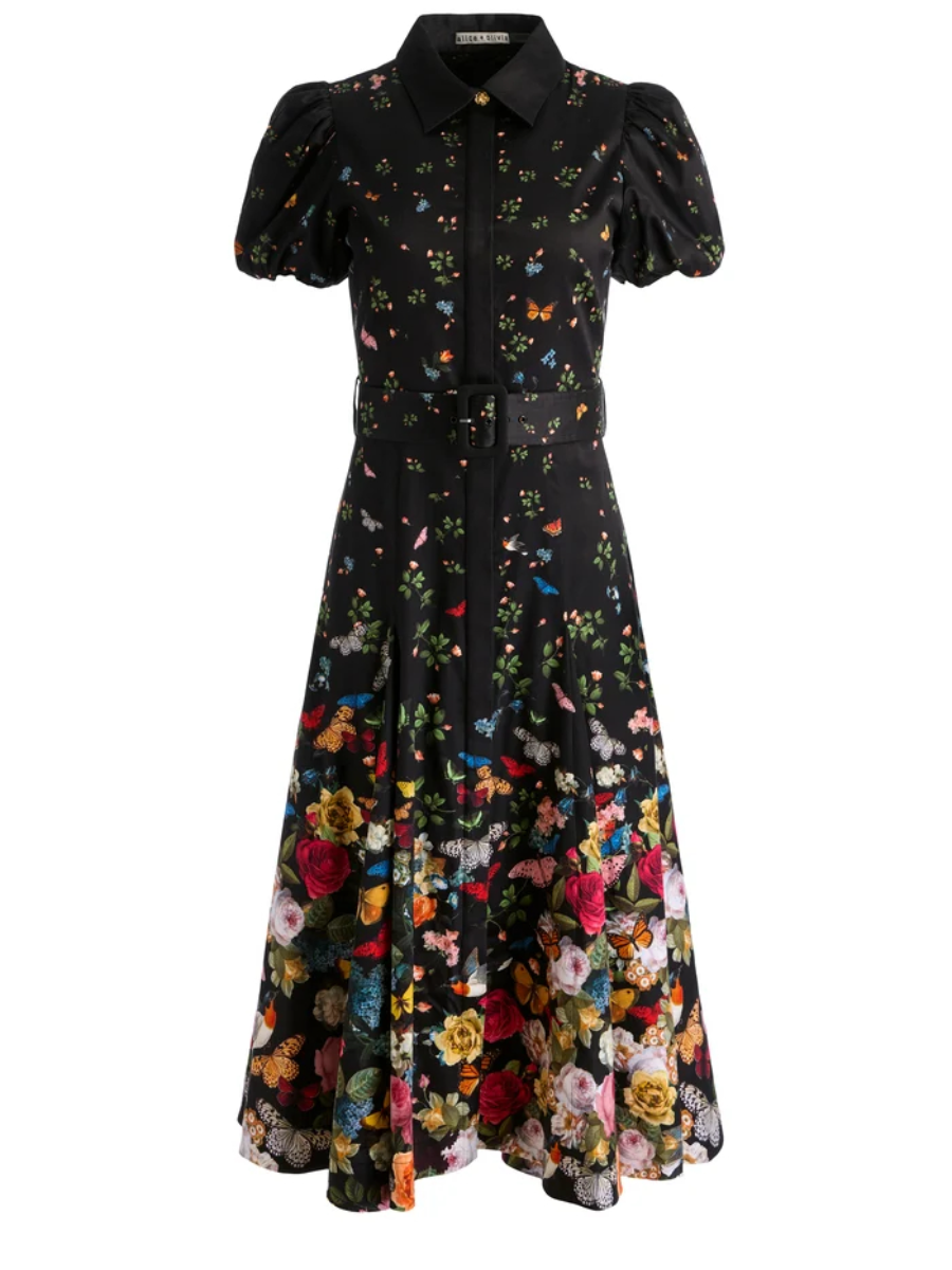 Midnight Garden Puff Sleeve Belted Midi Shirt Dress