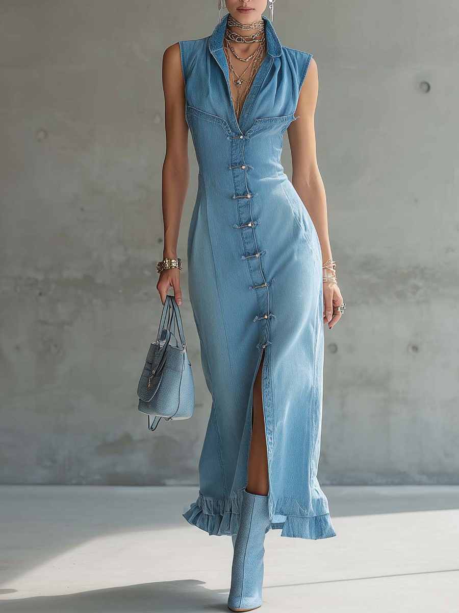 Button Front And Ruffled Hem Sleeveless Denim Dress