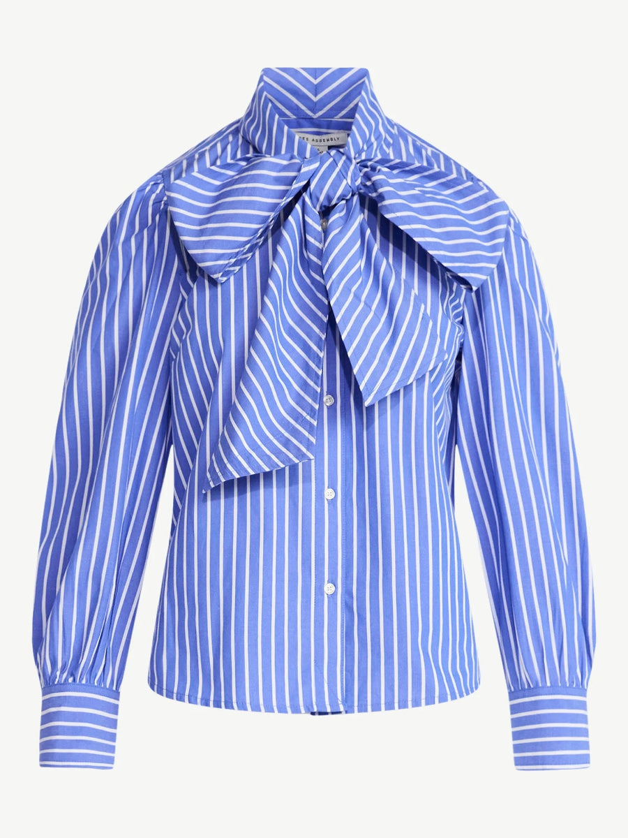 Women's Cotton Puff Sleeves Tie Neck Blouse