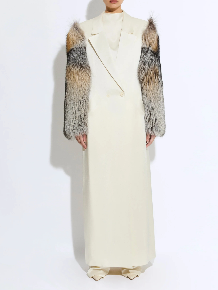 Satin Double Breasted Coat With Fur