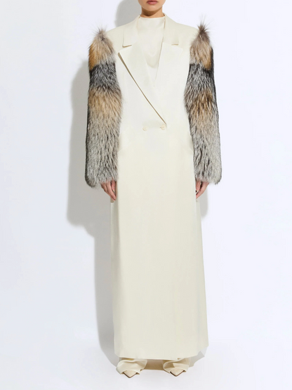 Satin Double Breasted Coat With Fur