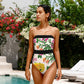 Off Shoulder Back Bow Tie Color Block Printed One Piece Swimsuit and Skirt