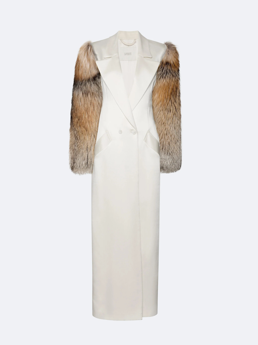 Satin Double Breasted Coat With Fur