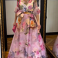 Elegant V-Neck Puff Sleeve Floral Print Maxi Wrap Dress