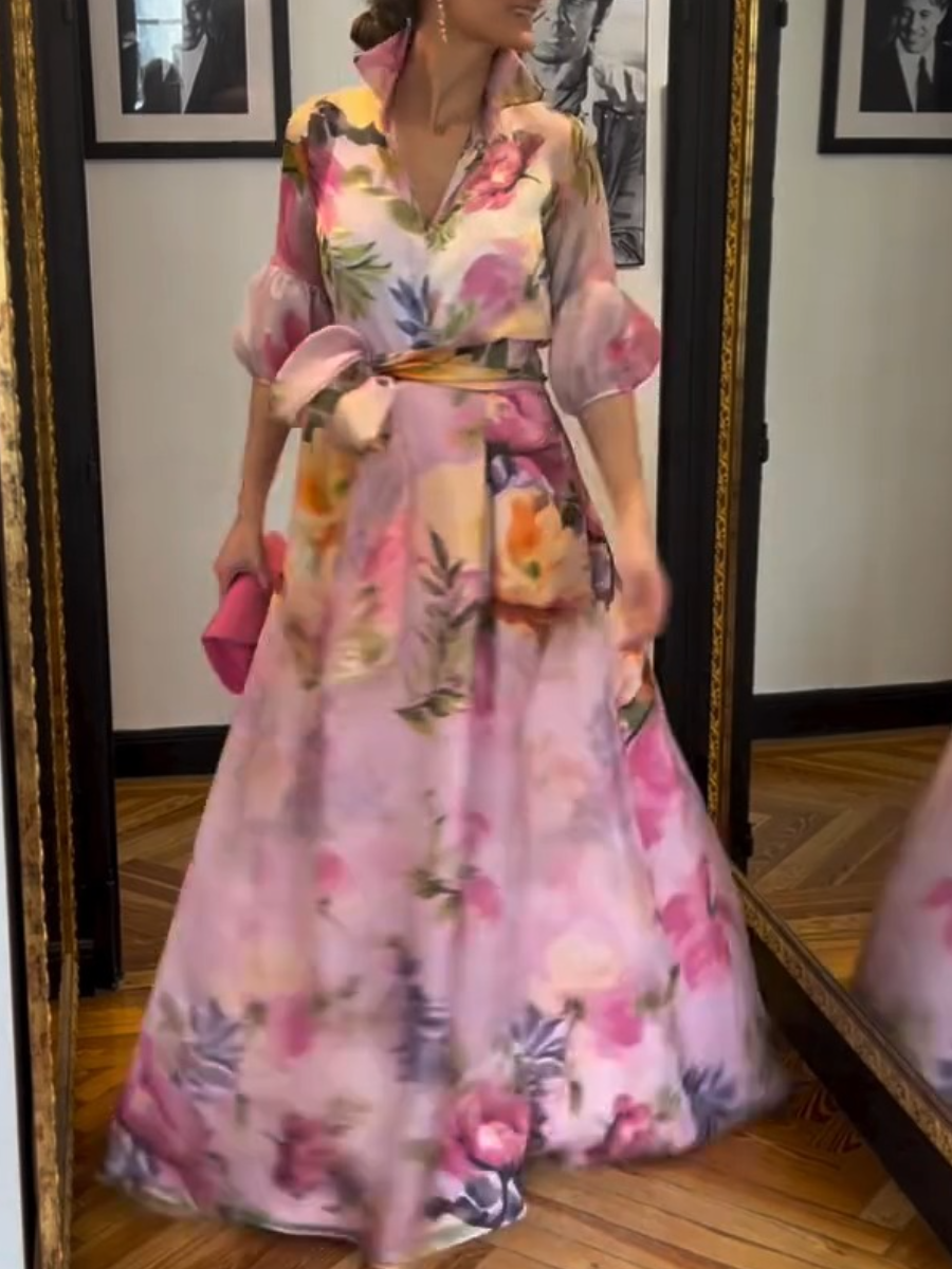 Elegant V-Neck Puff Sleeve Floral Print Maxi Wrap Dress