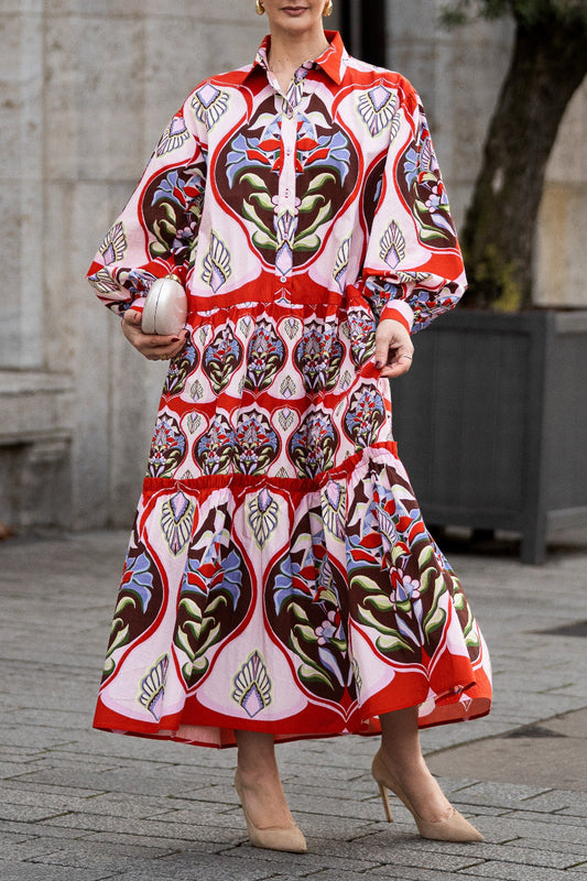 Red Floral Print Long Sleeved Cotton Dress