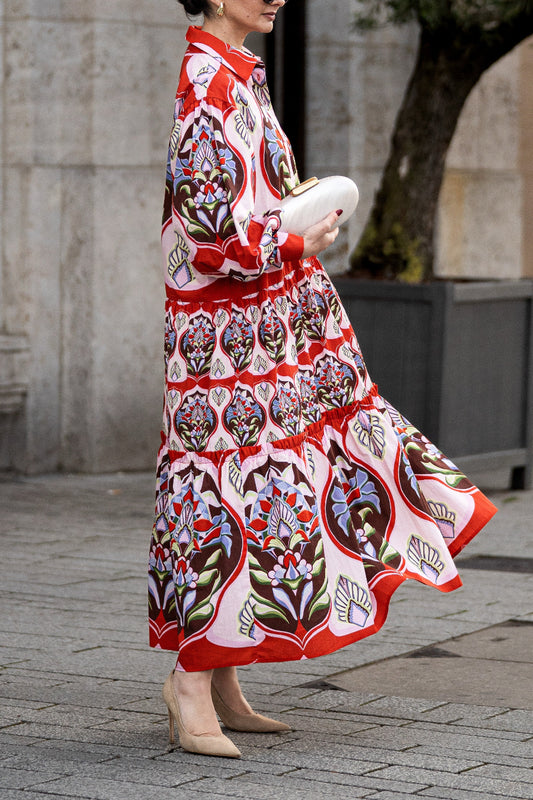 Red Floral Print Long Sleeved Cotton Dress