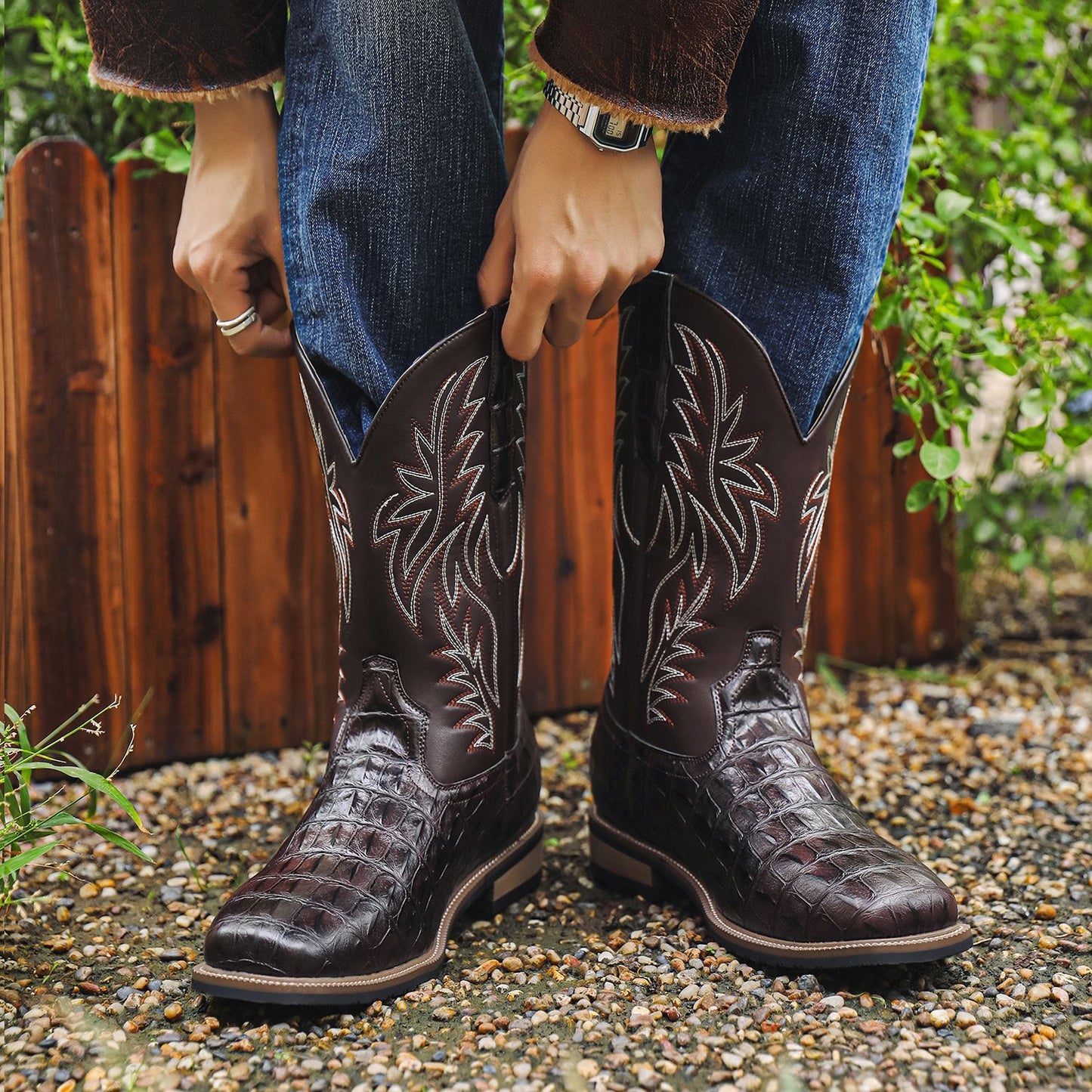 Men's Embroidered Vintage Square Toe Cowboy Boots