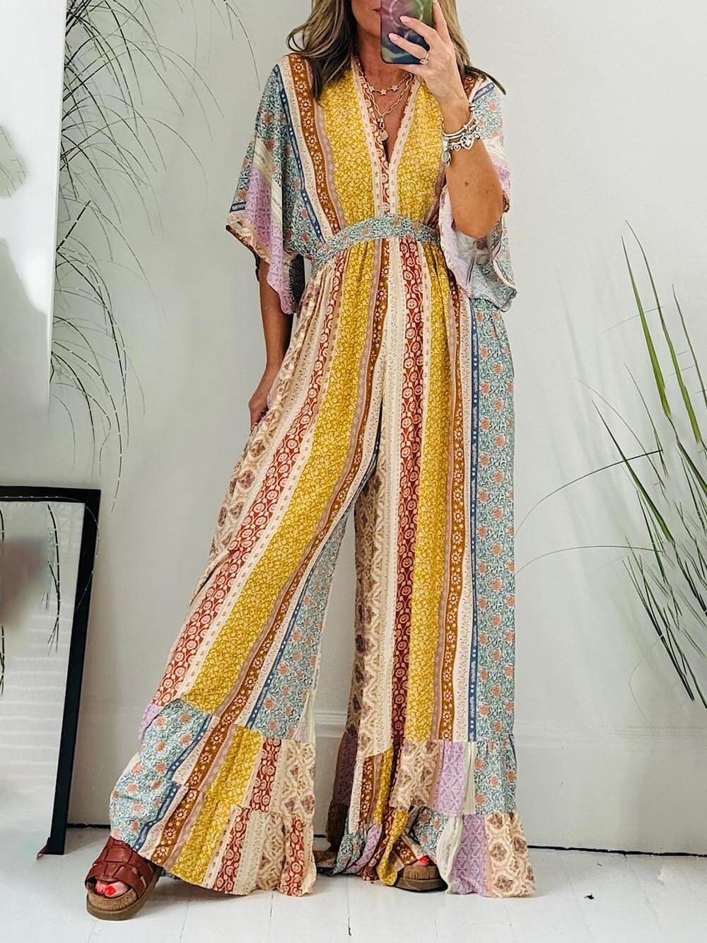 Retro Floral Loose Wide Leg Jumpsuit