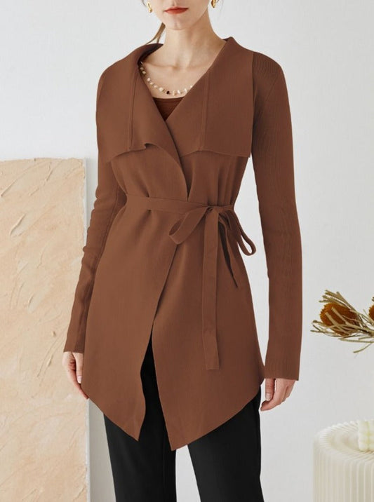 WIDE LAPEL TIE WAIST KNIT CARDIGAN