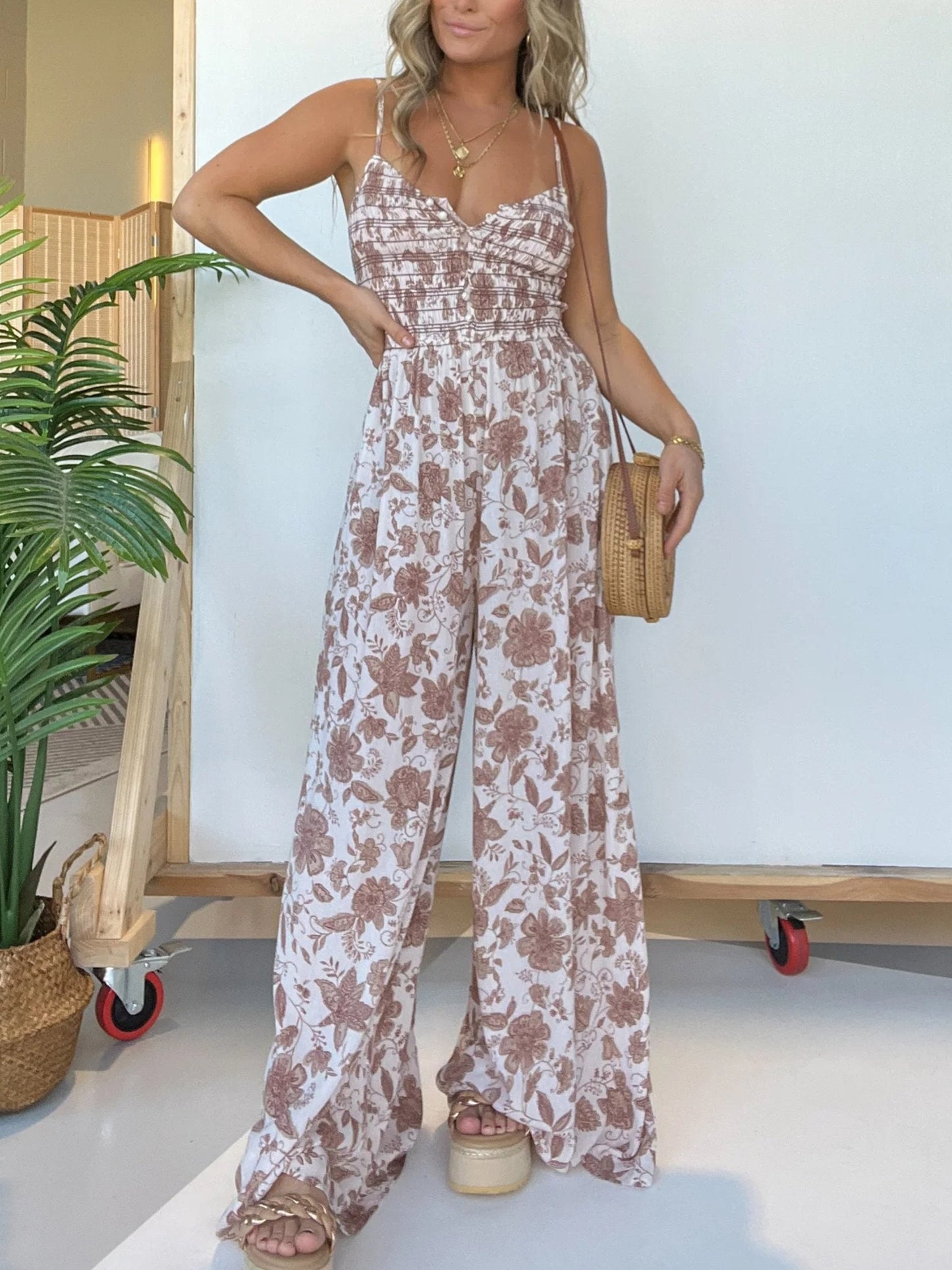 Floral Suspender Wide Leg Jumpsuit