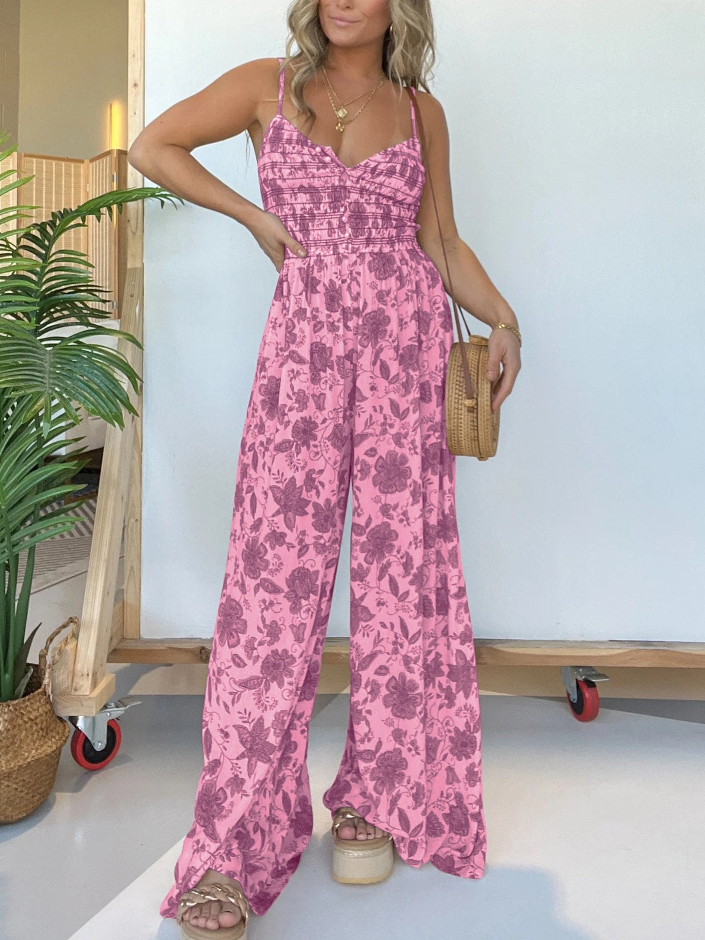 Floral Suspender Wide Leg Jumpsuit