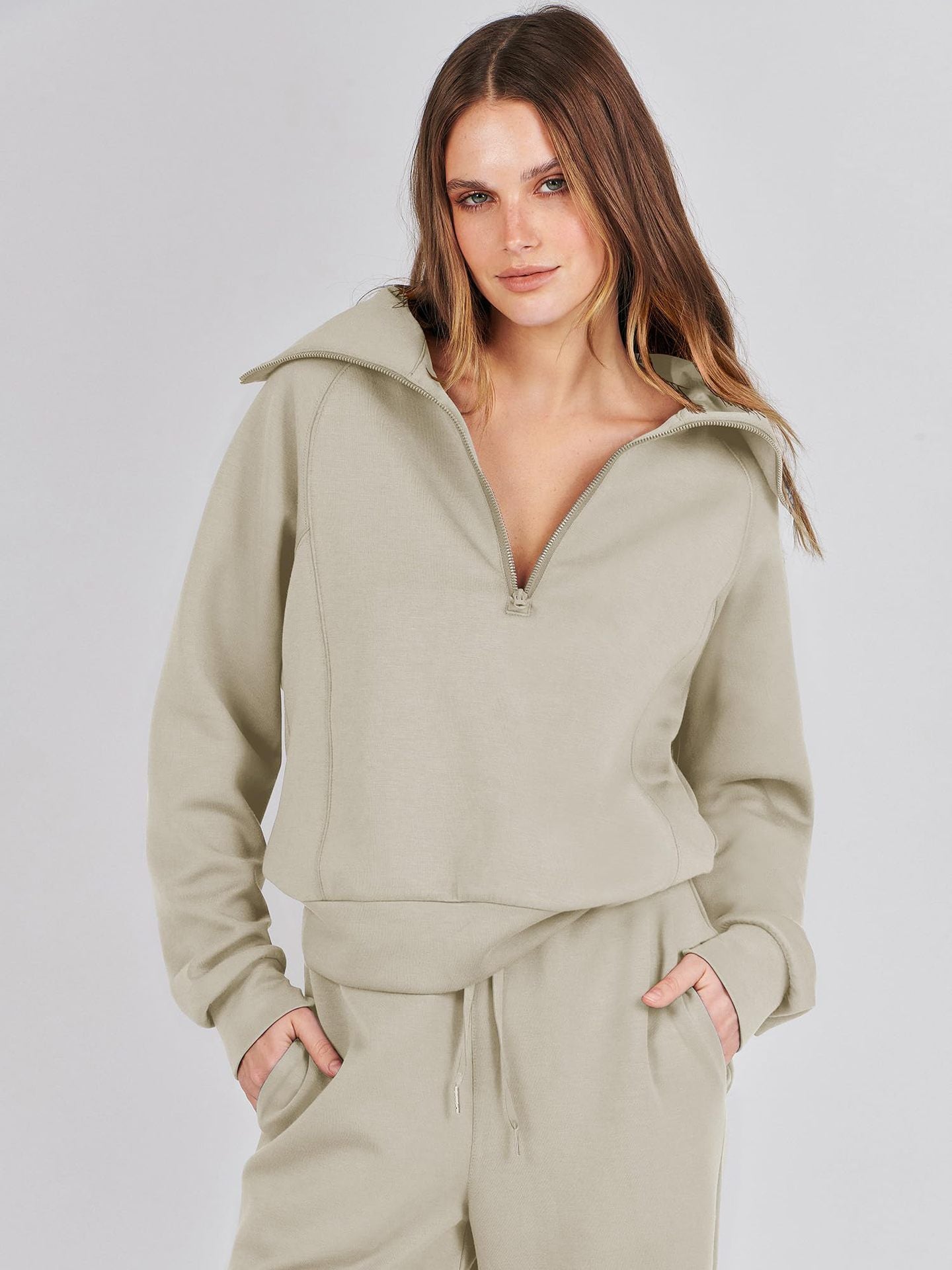 Casual Zippered Long Sleeved Two Piece Set