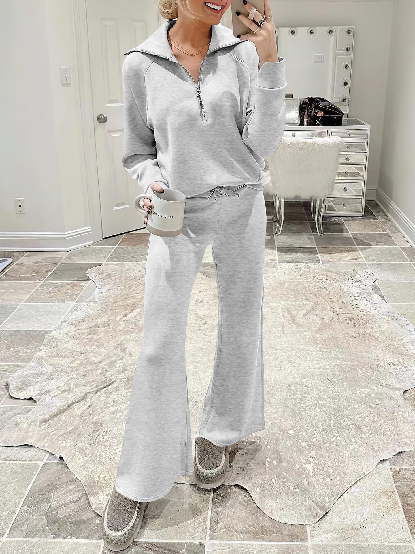 Casual Zippered Long Sleeved Two Piece Set