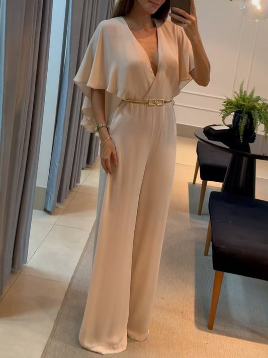 V Neck Dolman-Sleeved Solid Wide-Leg Jumpsuit