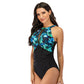 Sexy One-Piece High Neck V-Neckline Mesh Ruched Swimwear