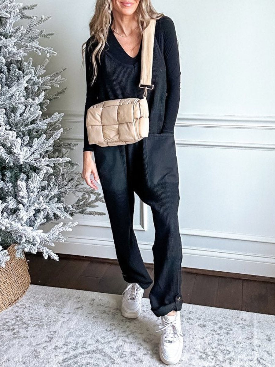 Waffle Knitted Suspenders Jumpsuit