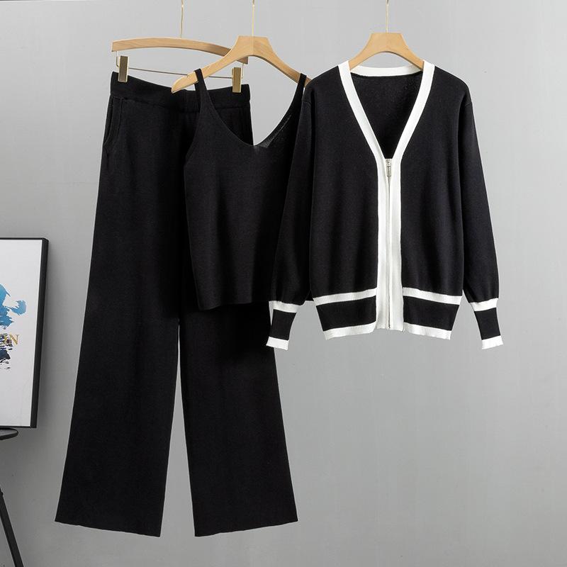 Knit Cardigan Camisole Wide Leg Pants Three Piece Set