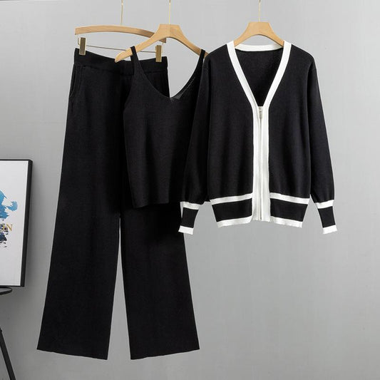 Knit Cardigan Camisole Wide Leg Pants Three Piece Set