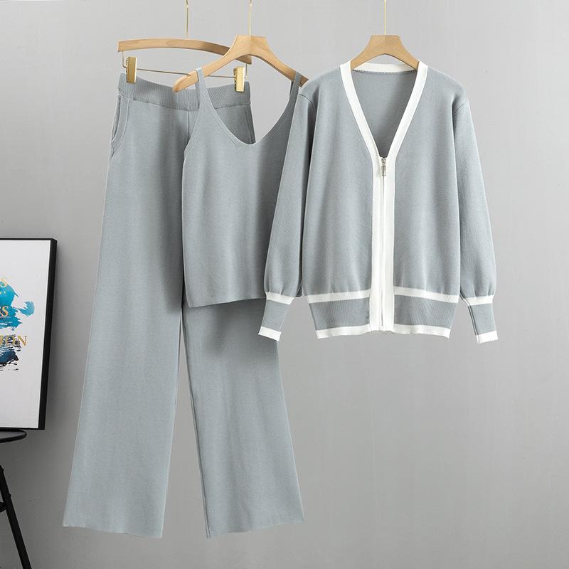 Knit Cardigan Camisole Wide Leg Pants Three Piece Set