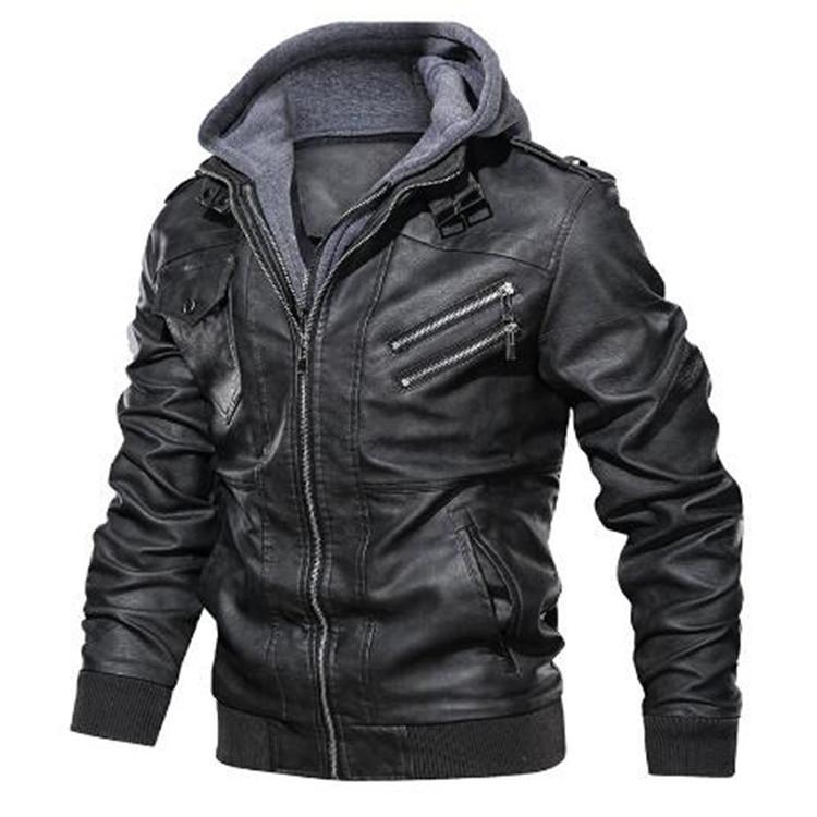 Men's Leather Jacket with Detachable Hood