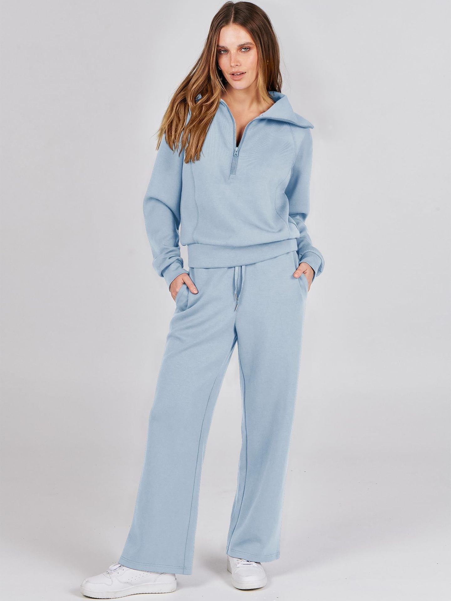 Casual Zippered Long Sleeved Two Piece Set