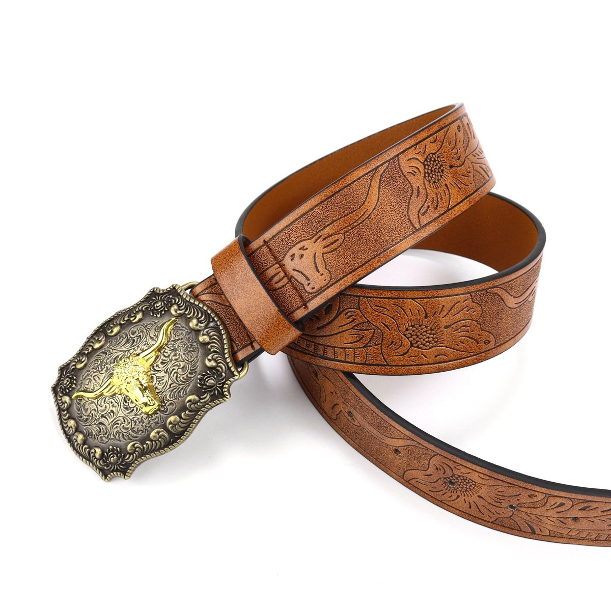 Western Cowboy Leather Belt with Bull Head