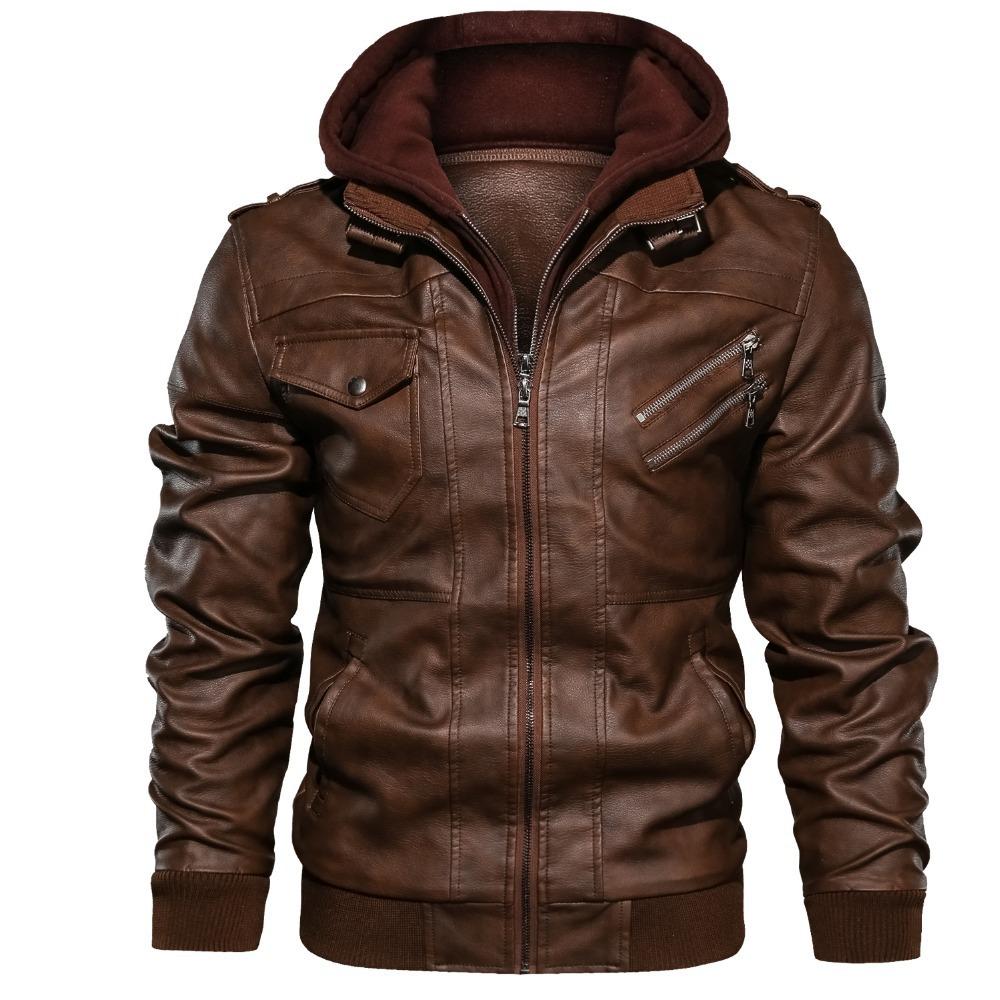 Men's Leather Jacket with Detachable Hood