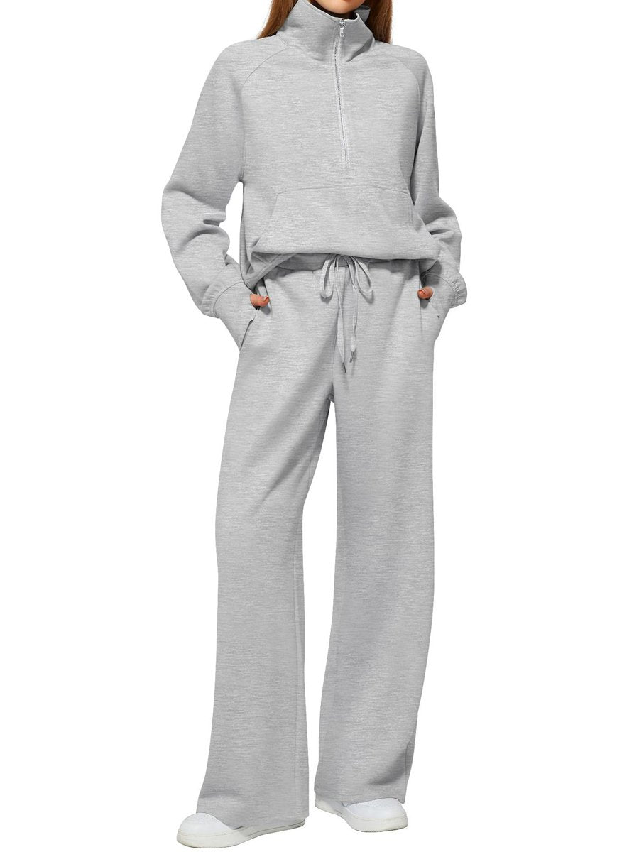 Casual Zip Up Sweatshirt & Wide Leg Sweatpants