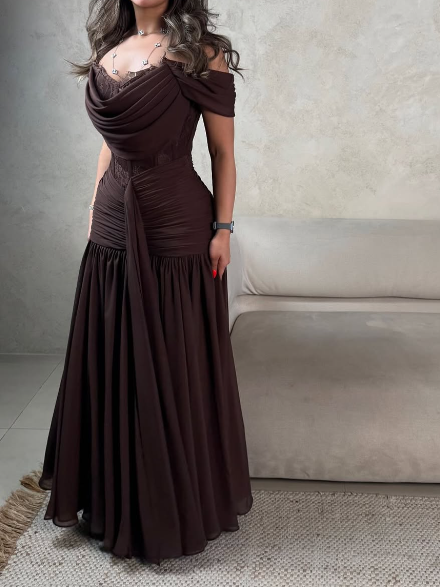 Elegant Off-Shoulder Ruched Bodice Maxi Dress