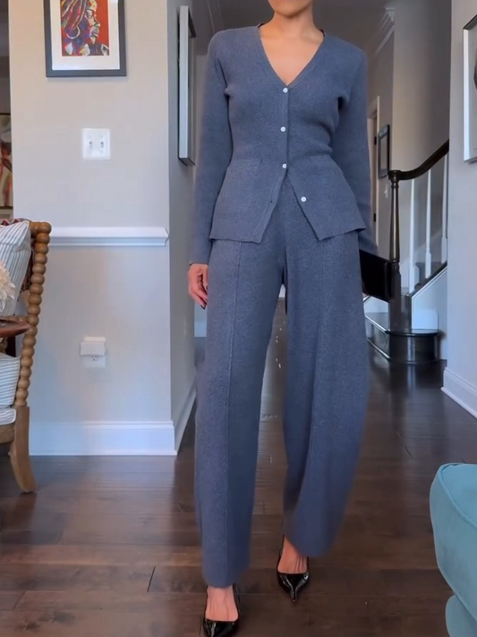 V Neck Cardigan Sweater and Knit Barrel Pants