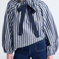 Ruffled Neck Adjustable Bow Balloon Sleeves Blouse