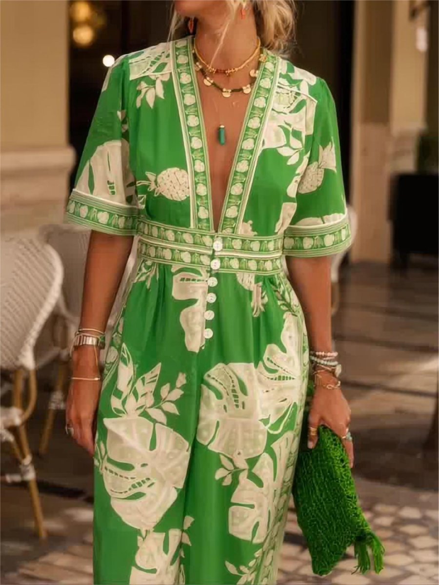 Green Printed V-Neck Jumpsuit