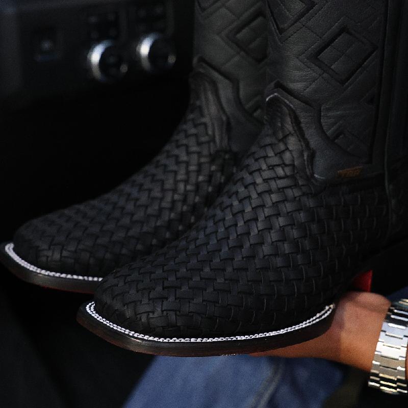 Black Square Toe Basketweave Leather Boots (Free Shipping🔥)