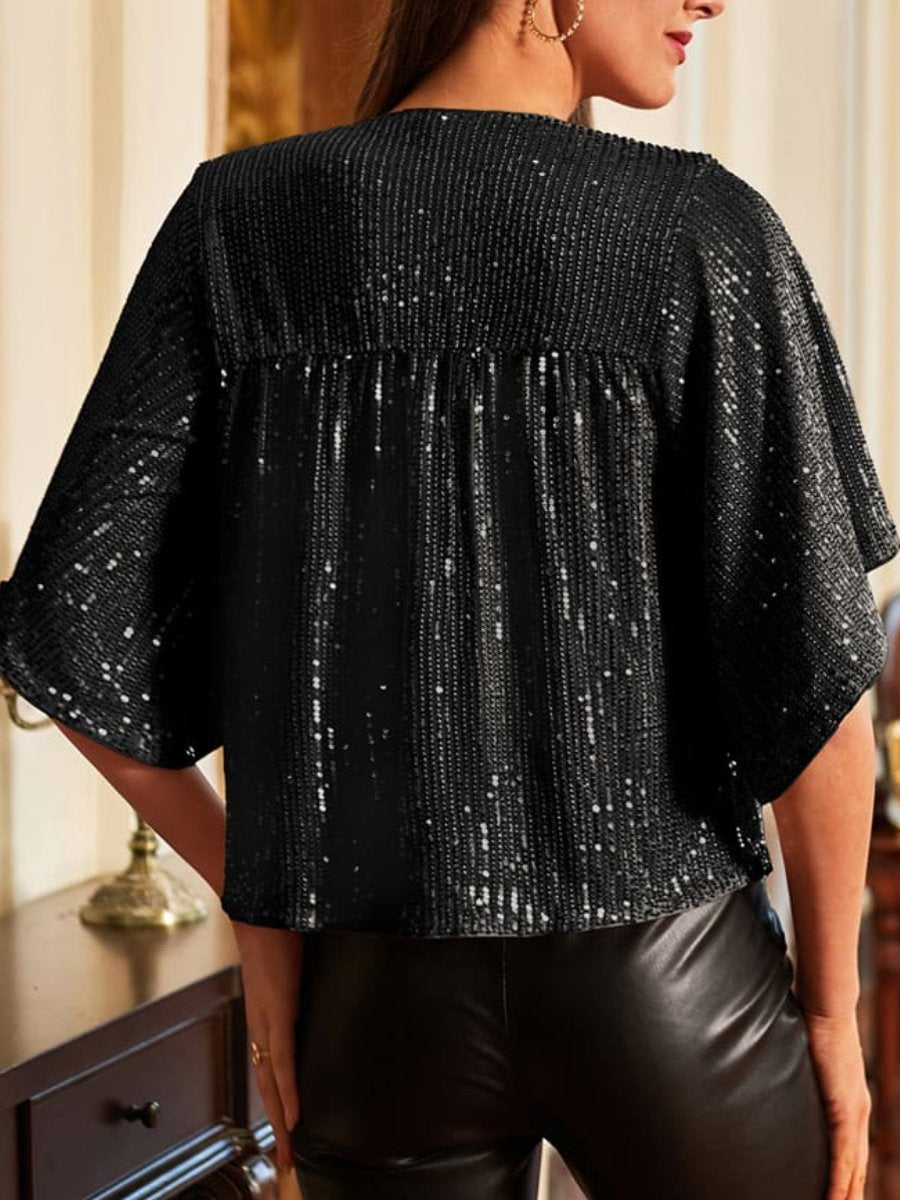 Sequin Round Neck 1/2 Sleeve Party Tops