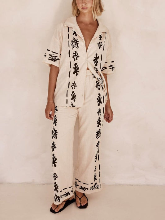 Black Printed Cream Shirt Pant Set