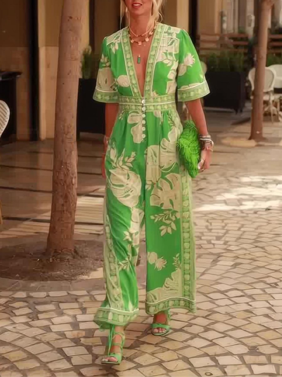 Green Printed V-Neck Jumpsuit