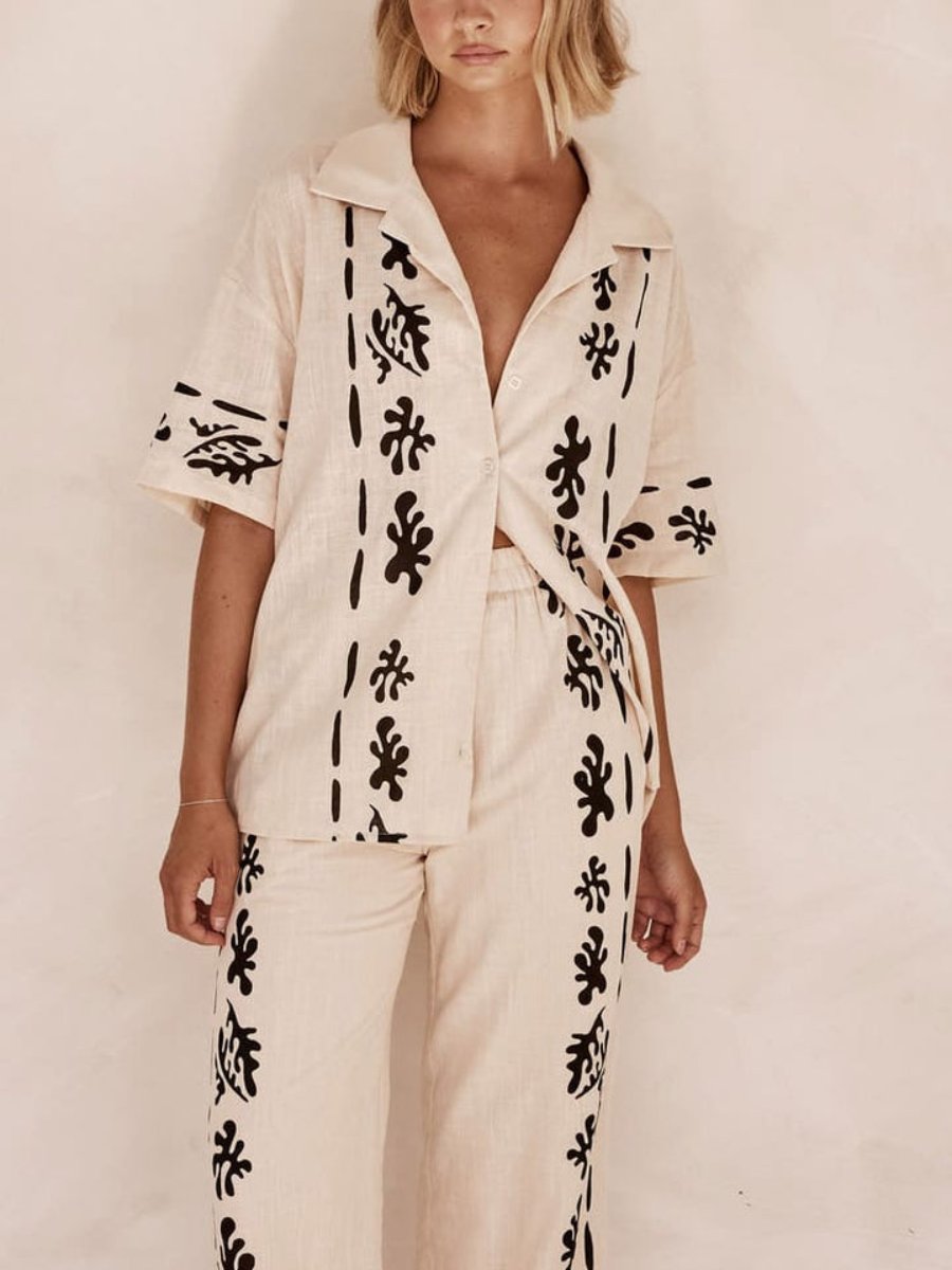 Black Printed Cream Shirt Pant Set