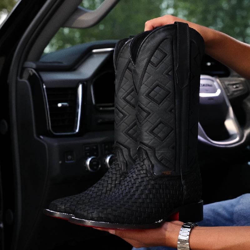 Black Square Toe Basketweave Leather Boots (Free Shipping🔥)